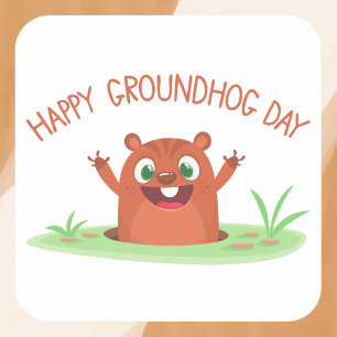 Pegatina Cuadrada Feliz Día de la Marmota, Personalizado alegre