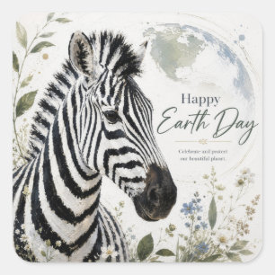 Pegatina Cuadrada Feliz Día de la Tierra Fauna de Cebra