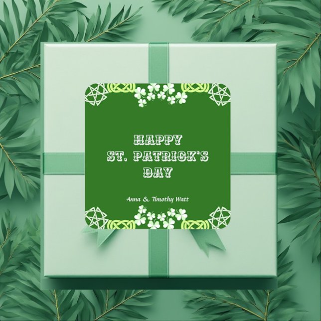 Pegatina Cuadrada Feliz Día de los Patrocinadores Celta Lucky Shamro (Happy St Patricks Day Celtic Lucky Shamrock Border Square Sticker)