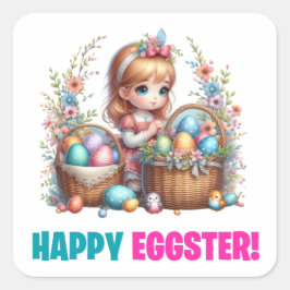 Pegatina Cuadrada Feliz Día de Pascua - Conejo Infantil