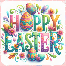 Pegatina Cuadrada Feliz Día de Pascua Floral Saludo de Primavera Div