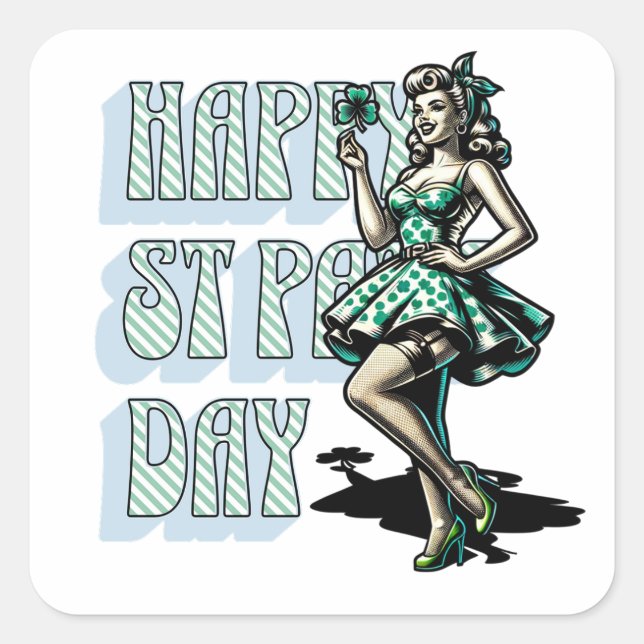 Pegatina Cuadrada Feliz Día de San Patricio Chica Pinup con Shamrock (Anverso)