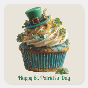 Pegatina Cuadrada Feliz día de San Patricio Cupcake Afortunado