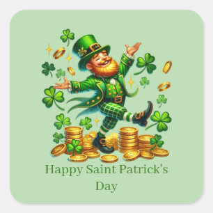 Pegatina Cuadrada Feliz día de San Patricio duende personalizable