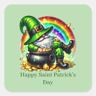 Pegatina Cuadrada Feliz día de San Patricio duende personalizable