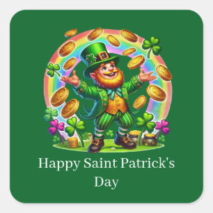 Pegatina Cuadrada Feliz día de San Patricio duende personalizable