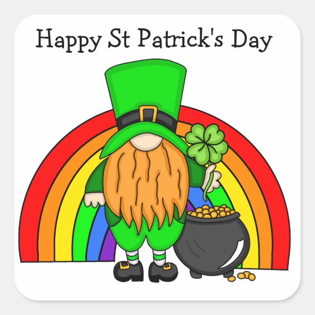 Pegatina Cuadrada Feliz Día de San Patricio | Gnome Leprechaun (Anverso)