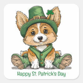 Pegatina Cuadrada Feliz Día de San Patricio Perro Corgi