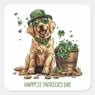 Pegatina Cuadrada Feliz Día de San Patricio, perro recuperador de la