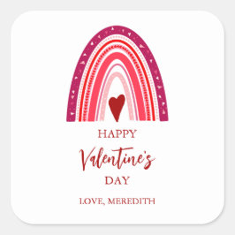 Pegatina Cuadrada Feliz Día de San Valentín boho arcoíris y corazone