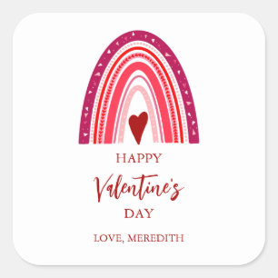 Pegatina Cuadrada Feliz Día de San Valentín boho arcoíris y corazone