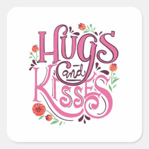 Pegatina Cuadrada Feliz día de San Valentín con abrazos y besos