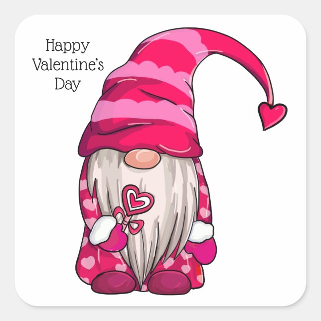 Pegatina Cuadrada Feliz Día de San Valentín, corazón de Gnome Rosa (Anverso)
