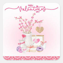 Pegatina Cuadrada Feliz Día de San Valentín Doughnut Vase Hearts