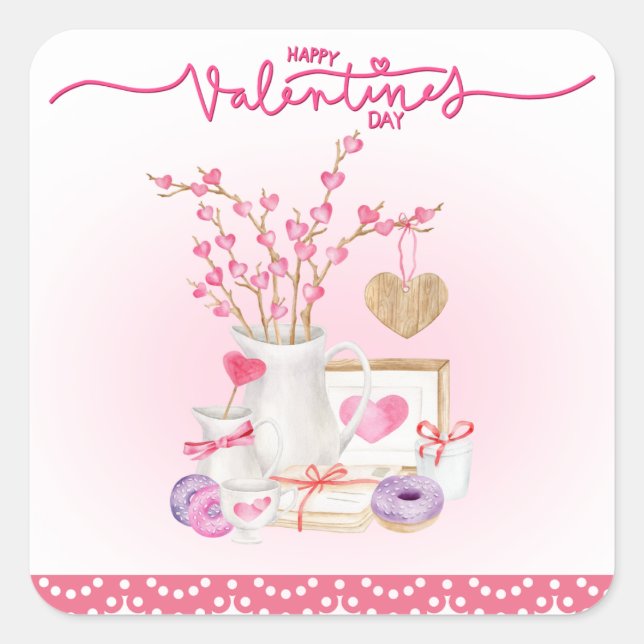 Pegatina Cuadrada Feliz Día de San Valentín Doughnut Vase Hearts (Anverso)