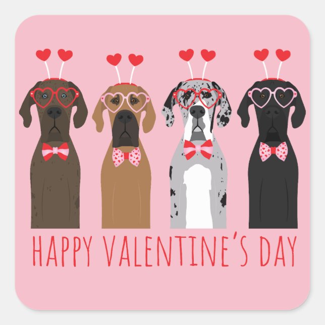 Pegatina Cuadrada Feliz Día de San Valentín grandes perros daneses (Anverso)