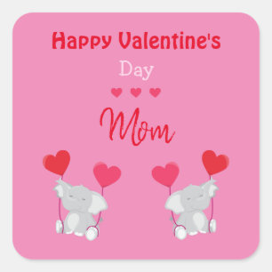 Pegatina Cuadrada Feliz Día de San Valentín, mamá elefante