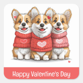 Pegatina Cuadrada Feliz Día de San Valentín Pembroke Welsh Corgi Per