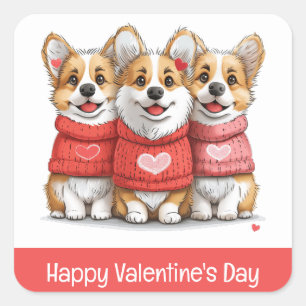 Pegatina Cuadrada Feliz Día de San Valentín Pembroke Welsh Corgi Per