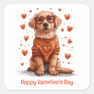 Pegatina Cuadrada Feliz día de San Valentín perro Golden Retriever