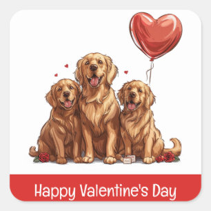 Pegatina Cuadrada Feliz Día de San Valentín Perro recuperador de oro