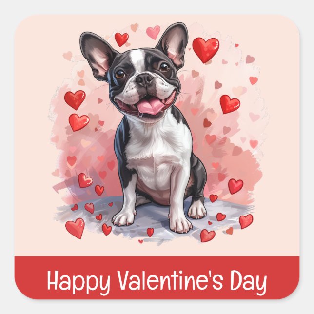 Pegatina Cuadrada Feliz Día de San Valentín Perro Terrier de Boston (Anverso)
