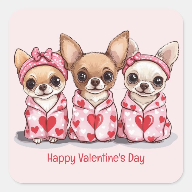 Pegatina Cuadrada Feliz Día de San Valentín Perros Chihuahua (Anverso)