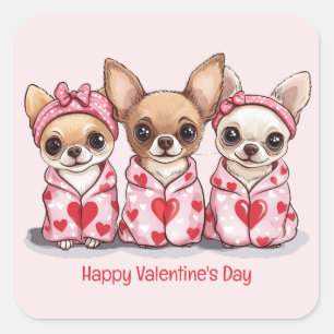 Pegatina Cuadrada Feliz Día de San Valentín Perros Chihuahua
