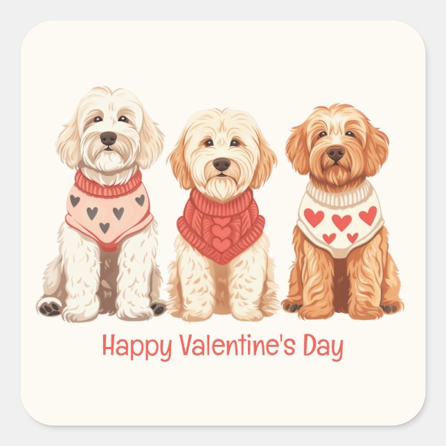 Pegatina Cuadrada Feliz Día de San Valentín Perros Goldendoodle (Anverso)