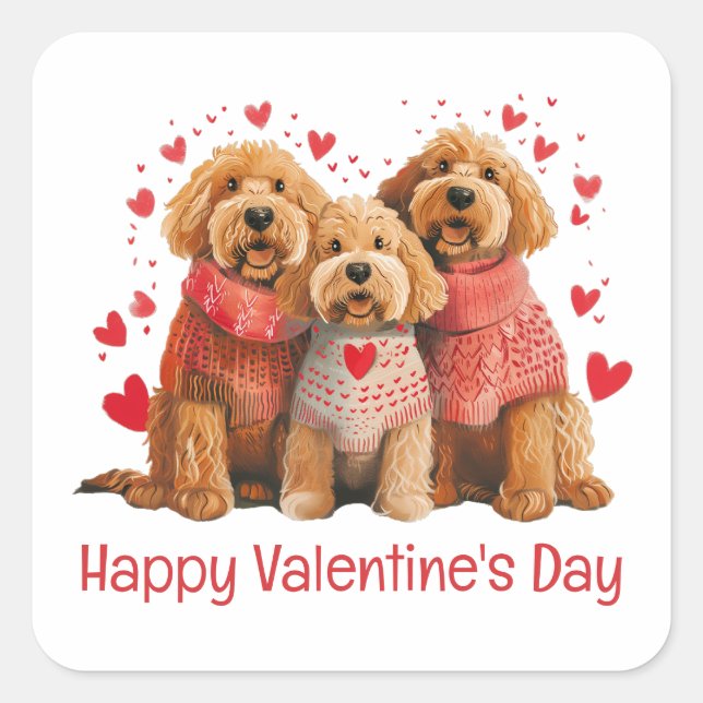Pegatina Cuadrada Feliz día de San Valentín perros Goldendoodle (Anverso)