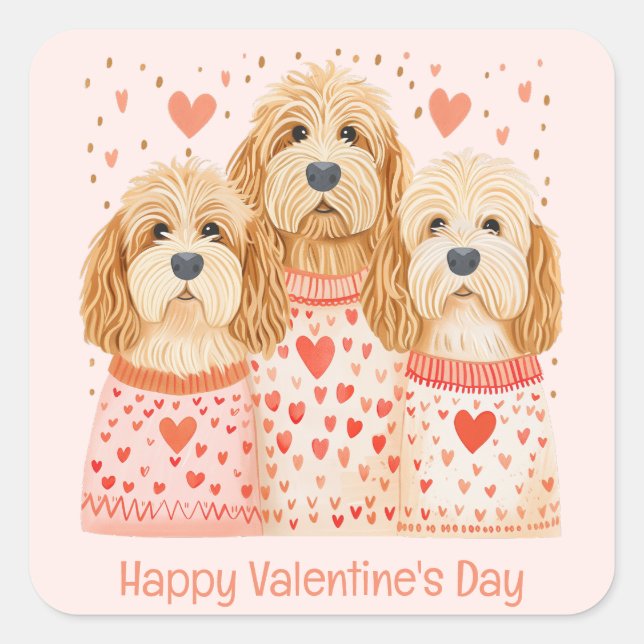 Pegatina Cuadrada Feliz Día de San Valentín Perros Goldendoodle (Anverso)