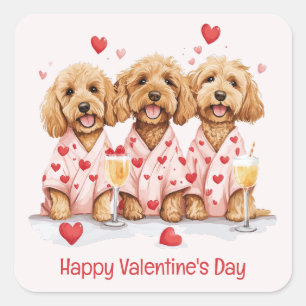 Pegatina Cuadrada Feliz Día de San Valentín Perros Goldendoodle