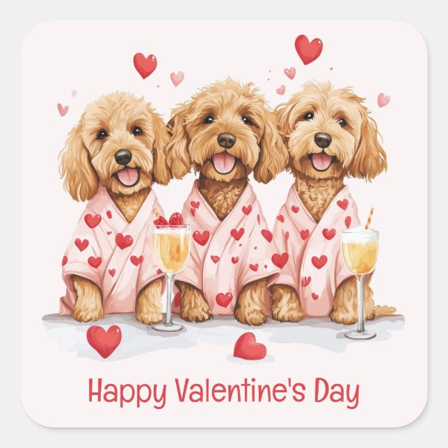 Pegatina Cuadrada Feliz Día de San Valentín Perros Goldendoodle (Anverso)