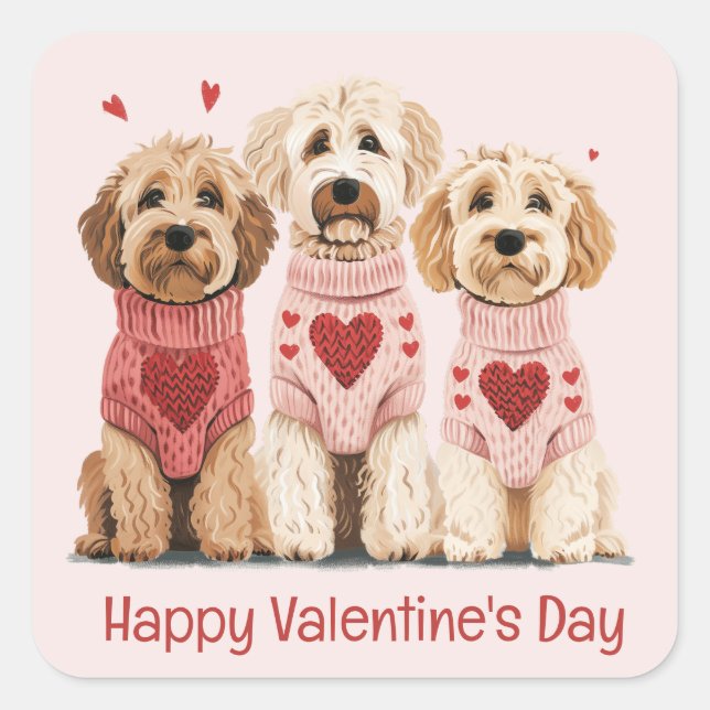 Pegatina Cuadrada Feliz Día de San Valentín Perros Goldendoodle (Anverso)