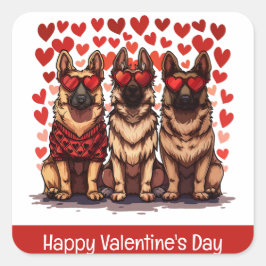 Pegatina Cuadrada Feliz Día de San Valentín Perros Pastores Alemanes