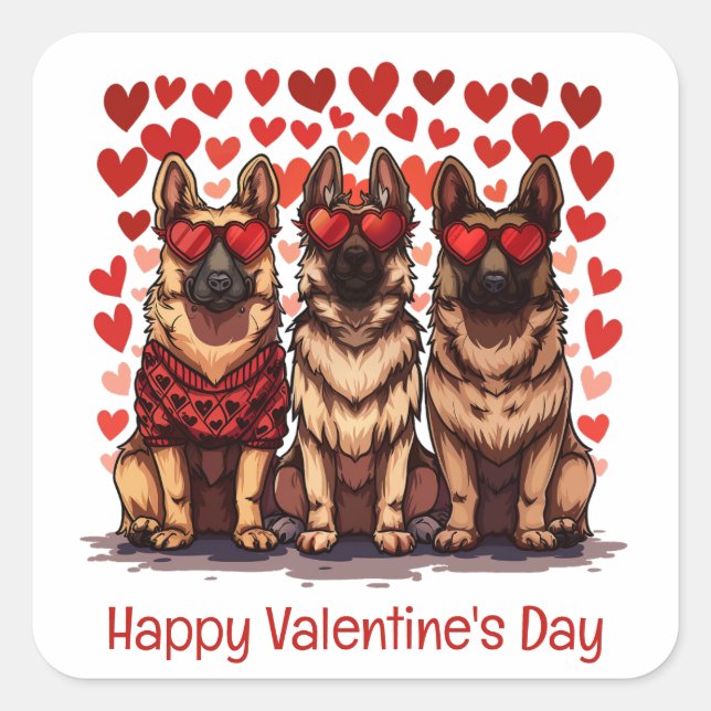 Pegatina Cuadrada Feliz Día de San Valentín Perros Pastores Alemanes (Anverso)