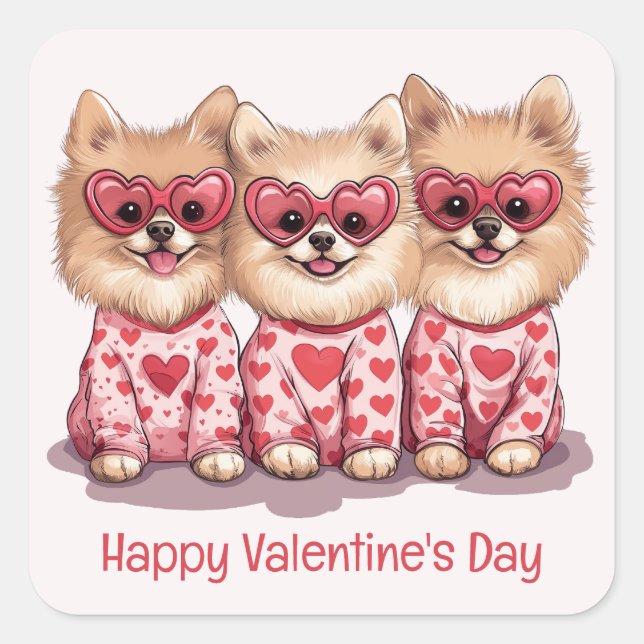 Pegatina Cuadrada Feliz Día de San Valentín Perros Pomeranos (Anverso)