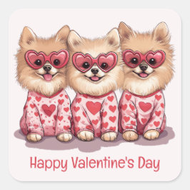 Pegatina Cuadrada Feliz Día de San Valentín Perros Pomeranos