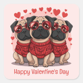 Pegatina Cuadrada Feliz Día de San Valentín Perros Pug
