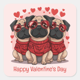 Pegatina Cuadrada Feliz Día de San Valentín Perros Pug