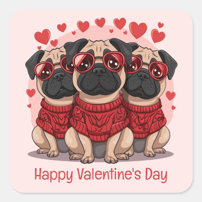 Pegatina Cuadrada Feliz Día de San Valentín Perros Pug (Anverso)