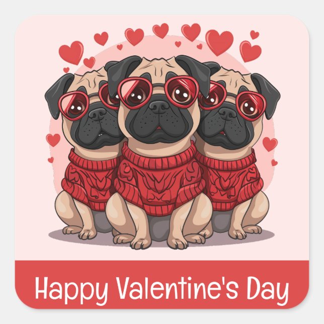 Pegatina Cuadrada Feliz Día de San Valentín Perros Pug (Anverso)