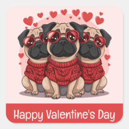 Pegatina Cuadrada Feliz Día de San Valentín Perros Pug