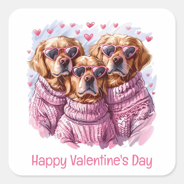 Pegatina Cuadrada Feliz Día de San Valentín Perros recuperadores de  (Anverso)