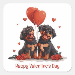 Pegatina Cuadrada Feliz Día de San Valentín, perros Rottweiler