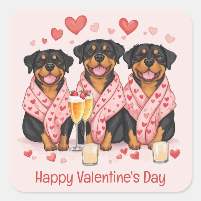 Pegatina Cuadrada Feliz Día de San Valentín, perros Rottweiler (Anverso)