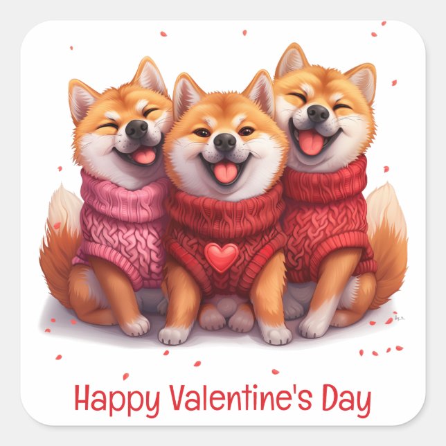 Pegatina Cuadrada Feliz Día de San Valentín Shiba Inu Perros (Anverso)