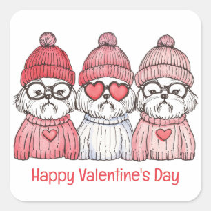 Pegatina Cuadrada Feliz Día de San Valentín Shih Tzu Dogs