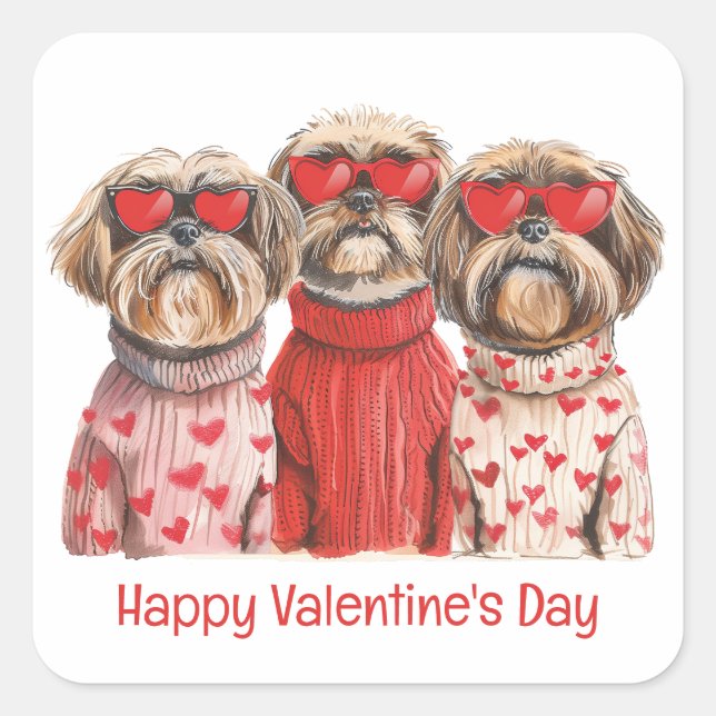 Pegatina Cuadrada Feliz Día de San Valentín Shih Tzu Dogs (Anverso)