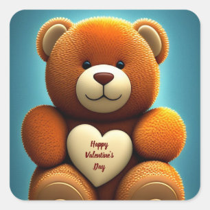 Pegatina Cuadrada Feliz Día de San Valentín Teddy Bear